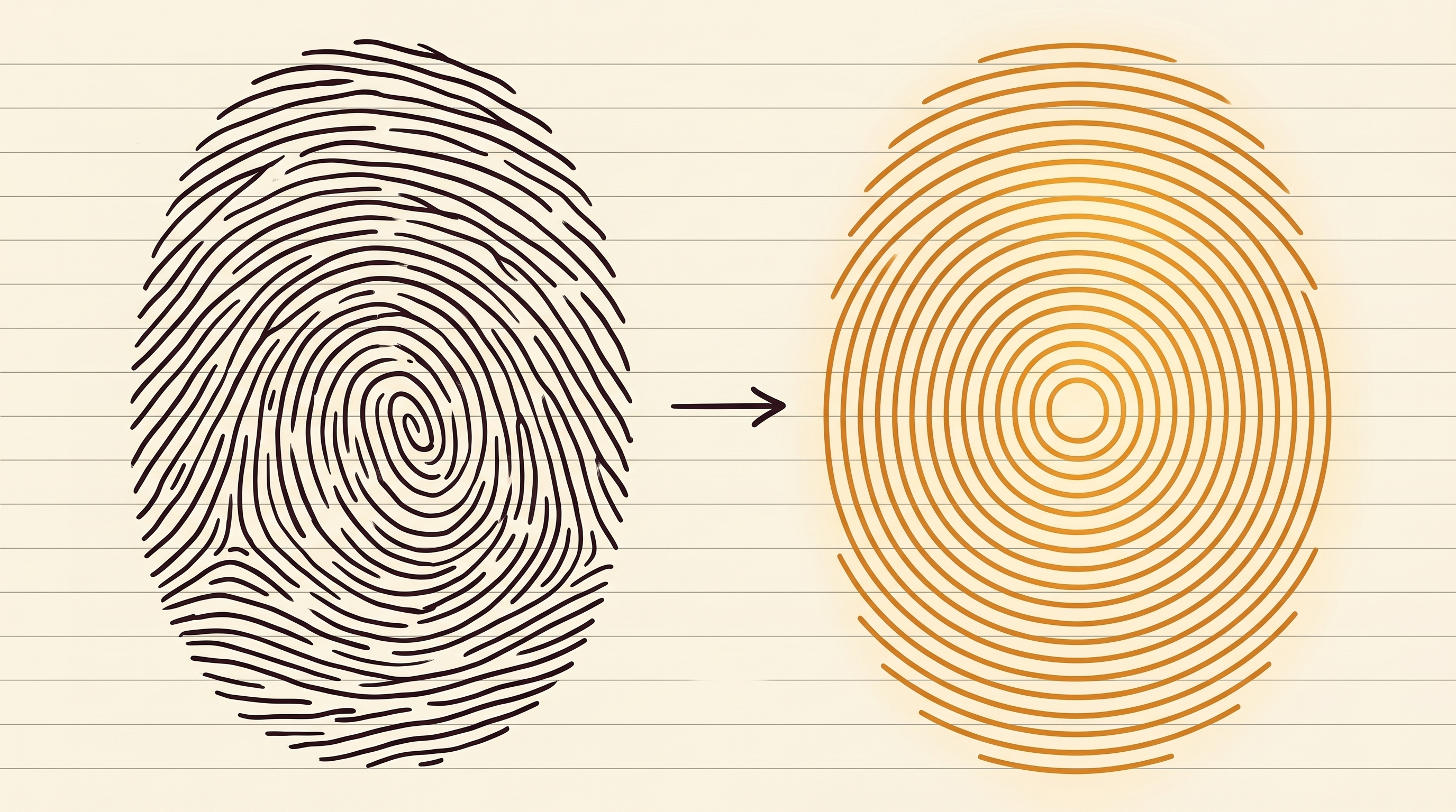Links ein echter Fingerabdruck mit unregelmäßigen Linien, rechts derselbe Abdruck als perfekt gleichmäßiger konzentrischer Ring.