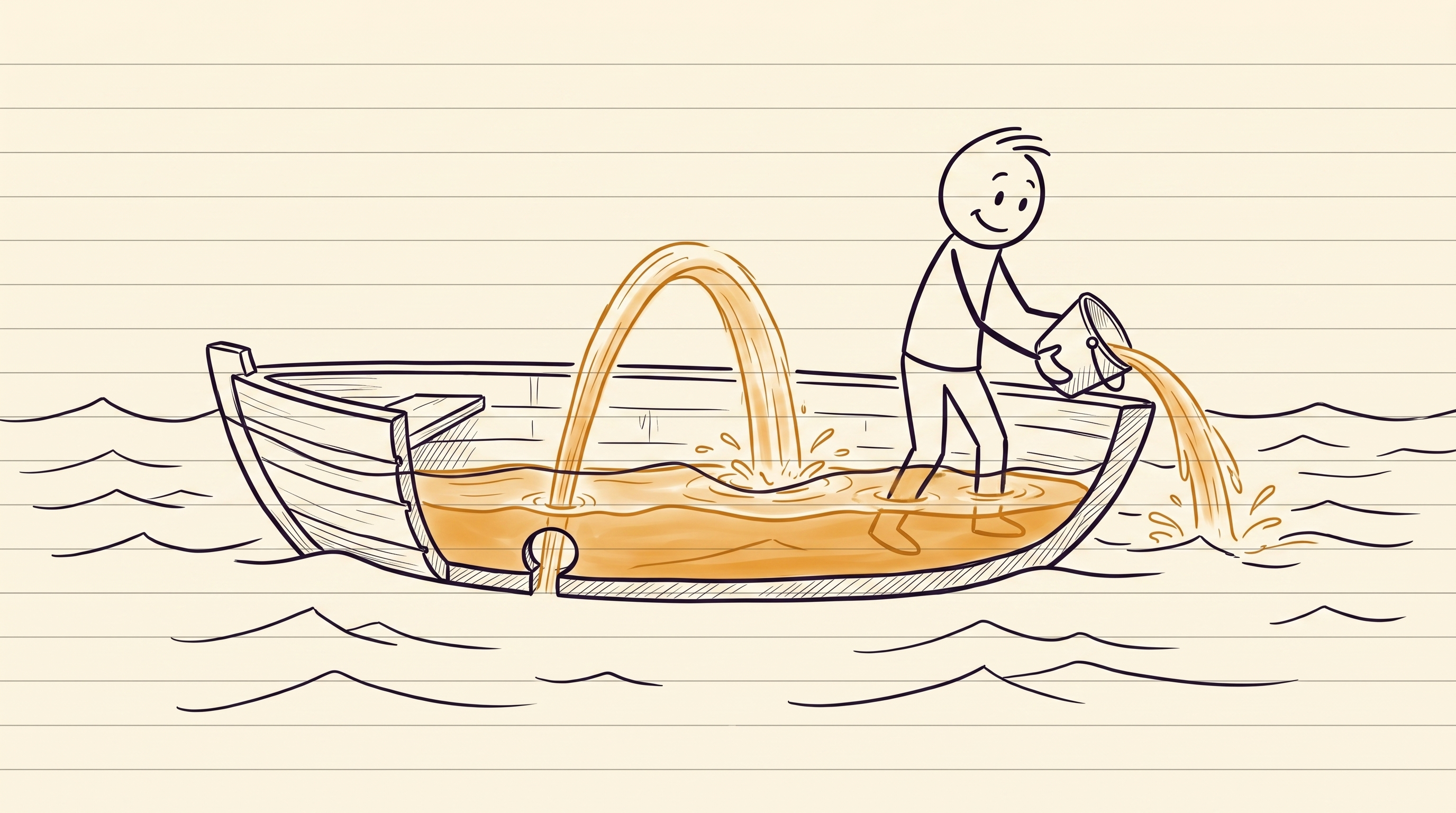 Ein Boot mit einem Loch im Rumpf: Wasser sprudelt herein, während ein Mann es mit einem Eimer nach draußen schöpft.