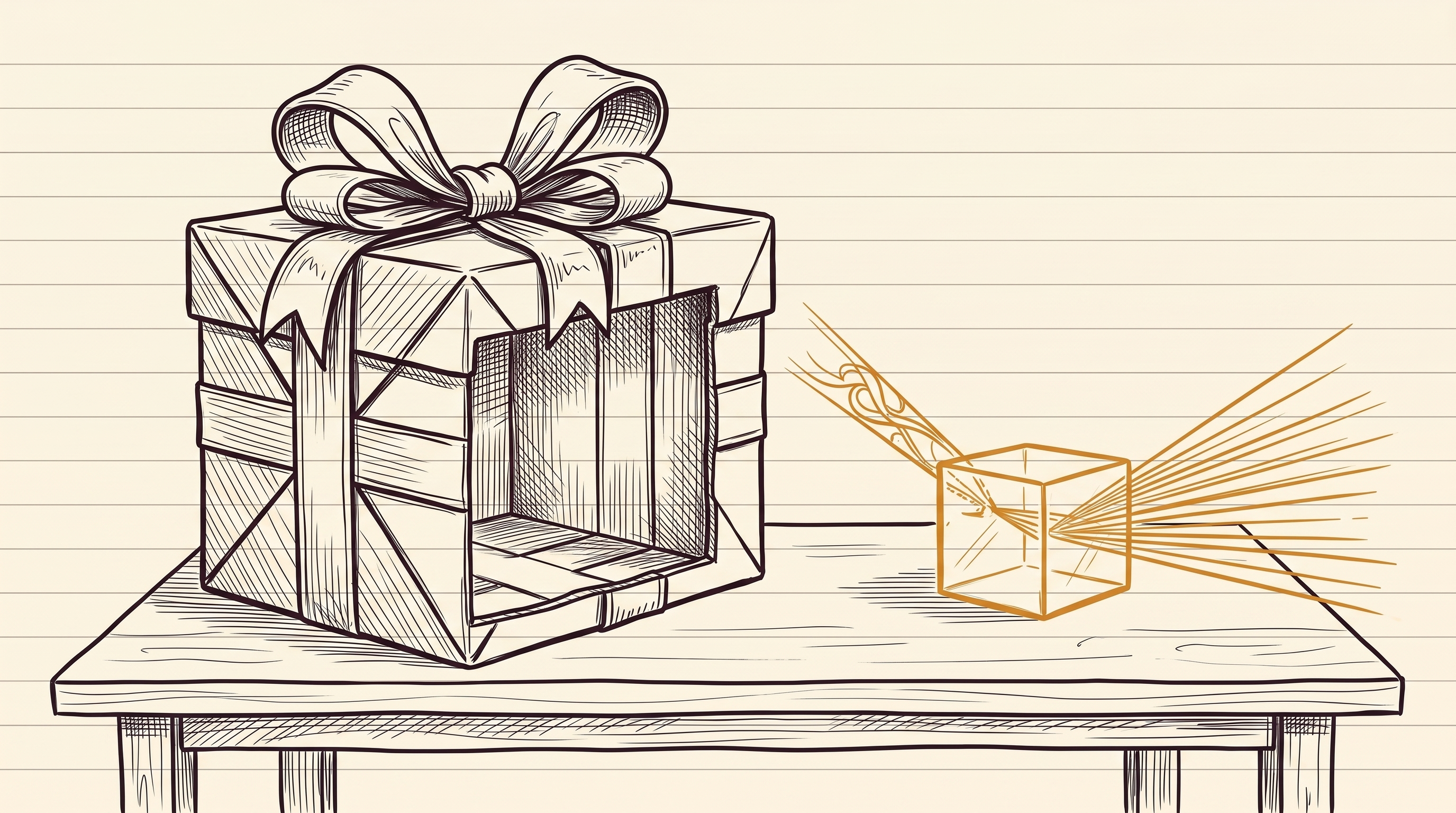 Eine prunkvoll verpackte Geschenkschachtel ist aufgeschnitten und innen leer, daneben liegt ein kleiner Glaswürfel, der einen Lichtstrahl bricht.