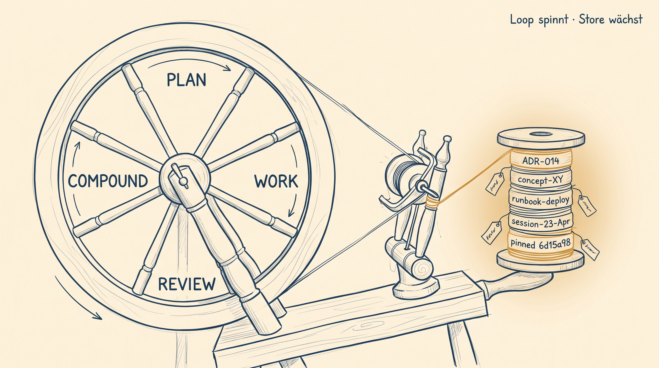 Spinnrad mit PLAN/WORK/REVIEW/COMPOUND auf den Speichen