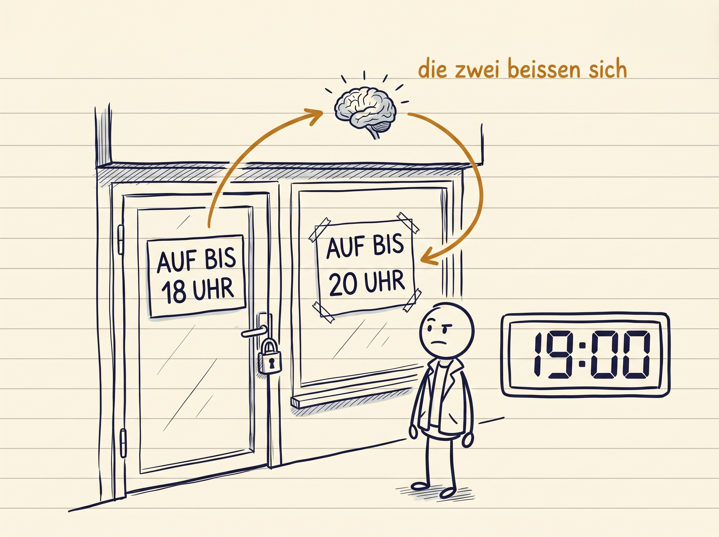 Ein Laden mit zwei widersprüchlichen Schildern, das Firmengehirn deckt den Widerspruch auf