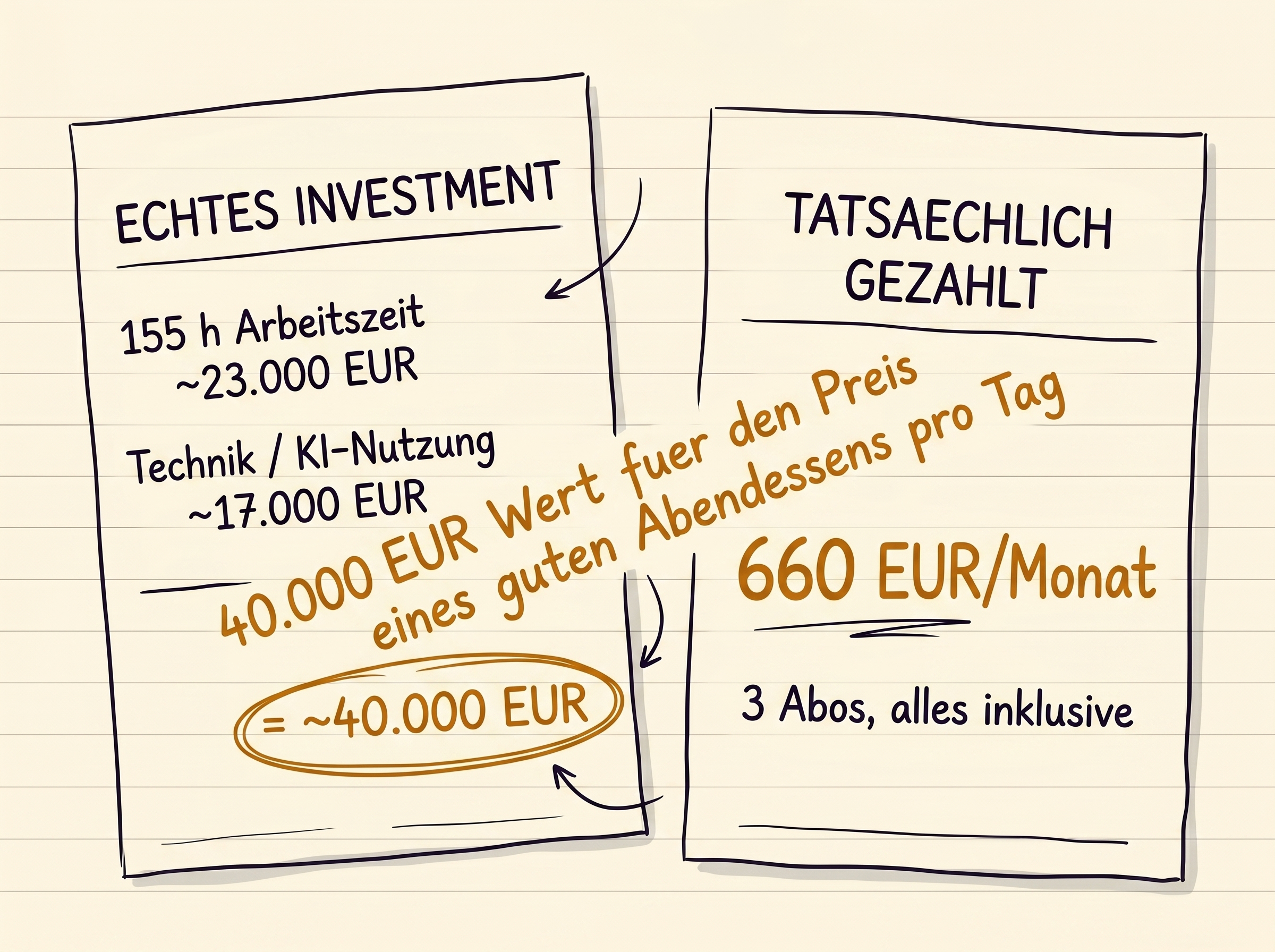 Zwei Belege: der echte Wert der investierten Arbeit gegen die tatsächlich gezahlten 660 Euro