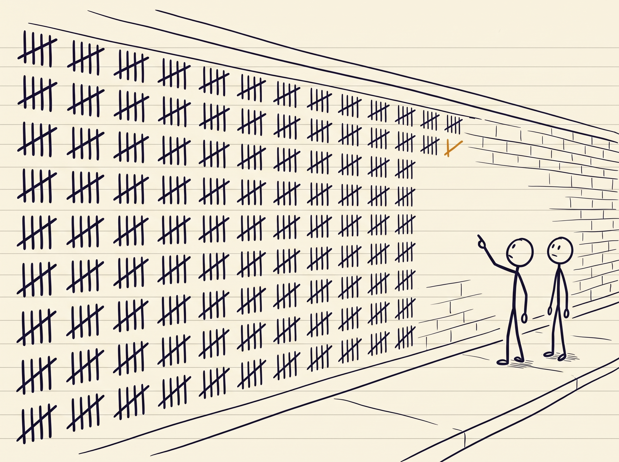 Eine lange Strichliste läuft über eine Wand und bricht mitten im letzten, halb gezogenen Strich ab. Danach ist die Wand leer.