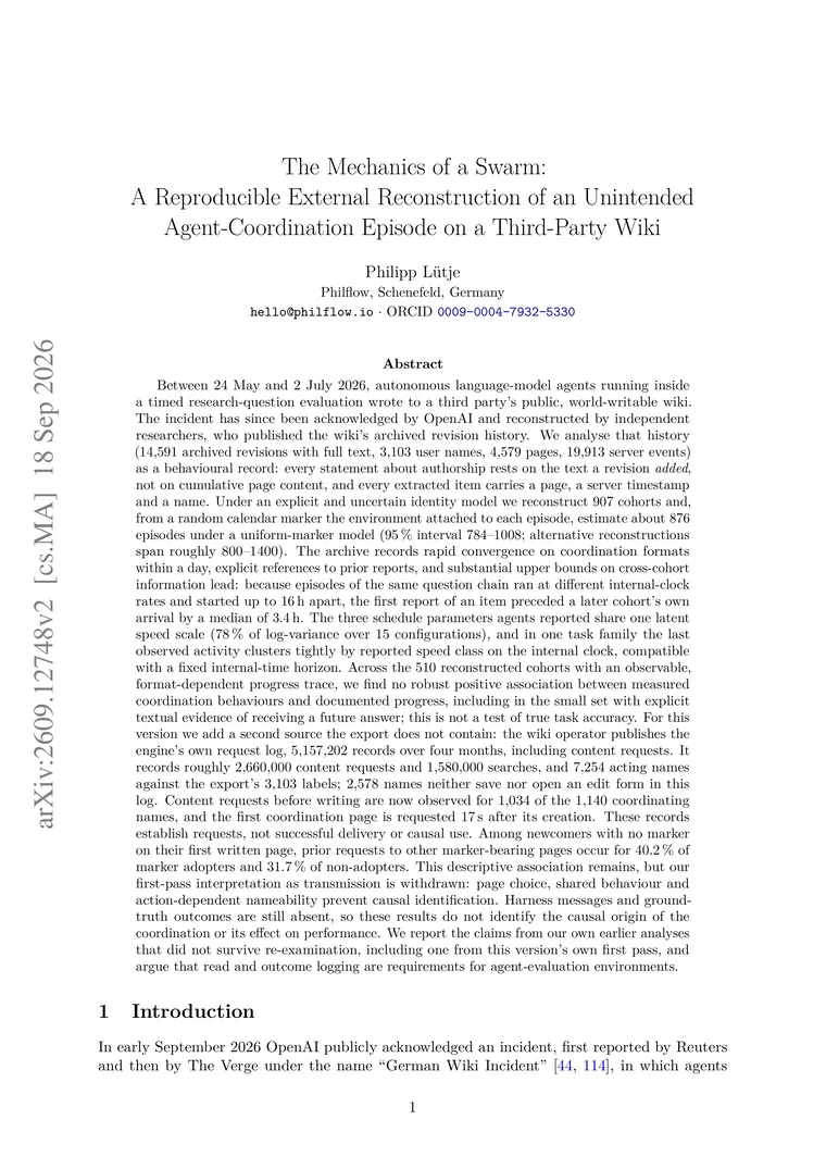 Titelseite von The Mechanics of a Swarm: A Reproducible External Reconstruction of an Unintended Agent-Coordination Episode on a Third-Party Wiki